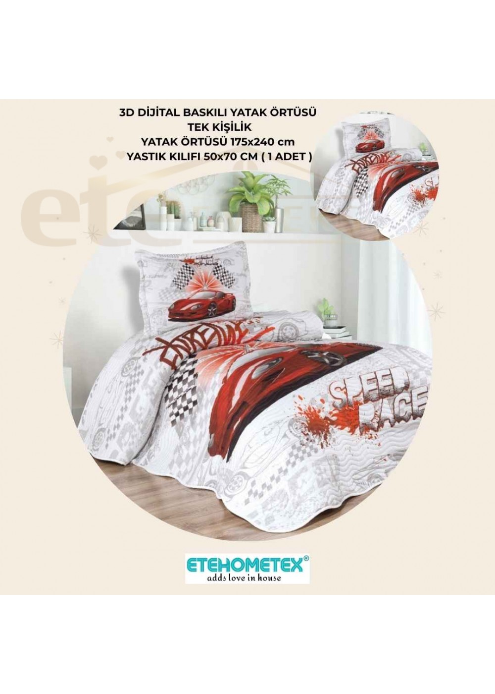 ETEHOMETEX TEK KİŞİLİK 3D DİJİTAL BASKILI YATAK ÖRTÜSÜ FAST CAR 8696474232039